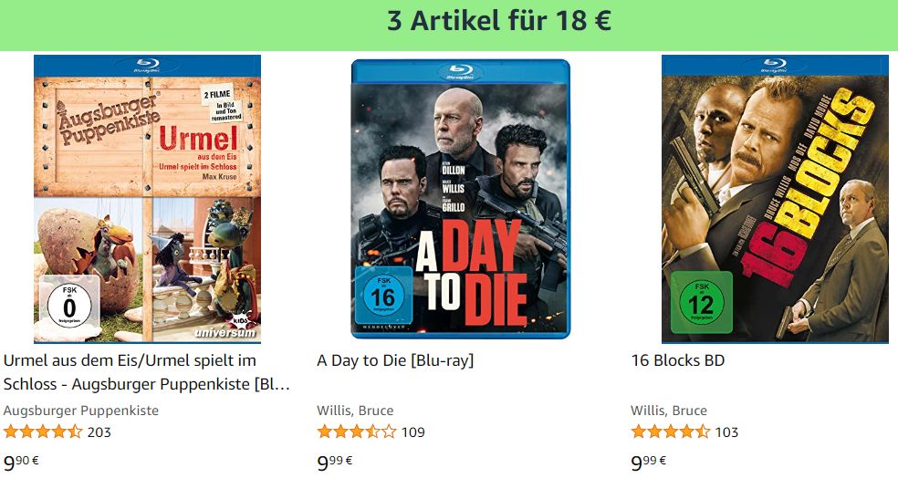 Amazon: 3 Blu-rays nach Wahl für 18 Euro