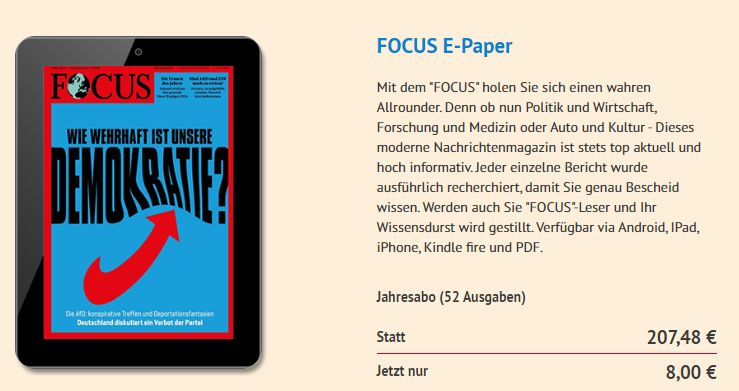 Focus: ePaper im Jahresabo für acht Euro