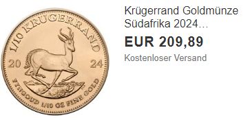 Ebay: Krügerrand-Goldmünze zum Bestpreis von 209,89 Euro