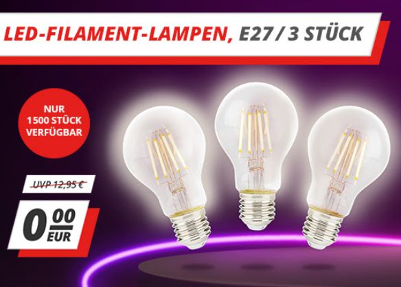 Druckerzubehoer.de: 3er-Pack LED-Filament-Lampen für 0 Euro