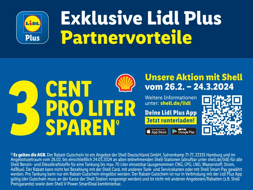 Lidl Plus: Drei Cent Tankrabatt pro Liter bei Shell