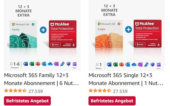 Amazon: 15 Monate Microsoft 365 Family mit Norton 360 für 56,99 Euro