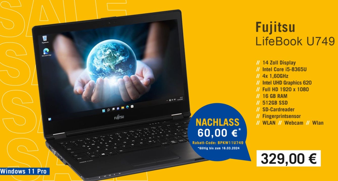 LTE-Notebook: "Fujitsu LifeBook U749" als B-Ware für 269 Euro frei Haus