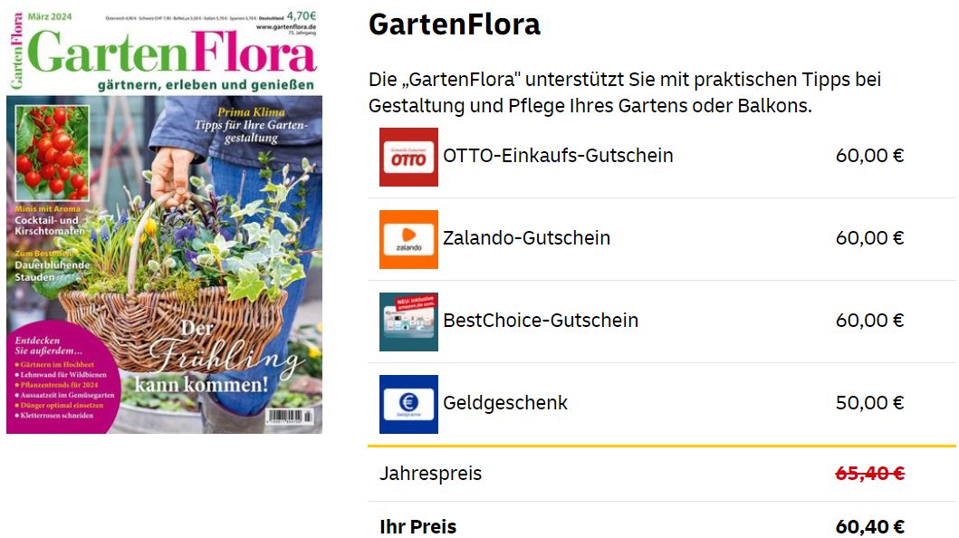 Gartenflora: 12 Monate Abo für 60,40 Euro mit Gutschein über 60 Euro