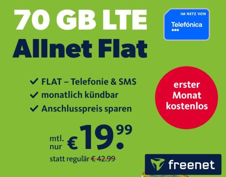 Knaller: Allnet-Flat mit 70 GByte ein Monat gratis durch Startguthaben