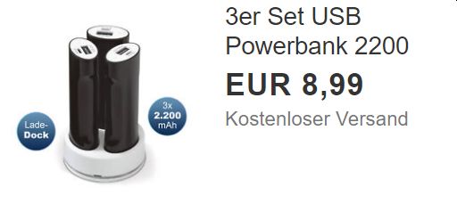 Ebay: 3er-Set Powerbank mit Ladestation für 8,99 Euro frei Haus