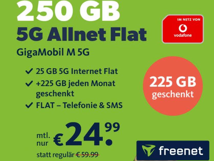 Vodafone-Netz: 250 GByte 5G-Flat für 24,99 Euro