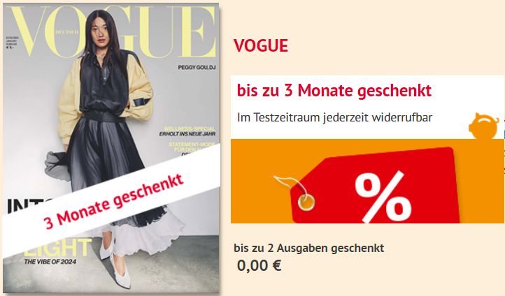 Gratis: Vogue 2 x frei Haus dank verlängerter Widerrufsfrist