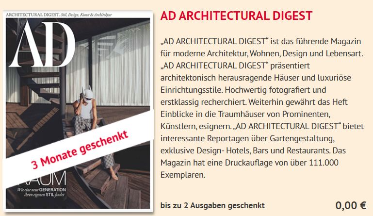 Gratis: Zwei Ausgaben "Architectural Digest" zum Nulltarif frei Haus