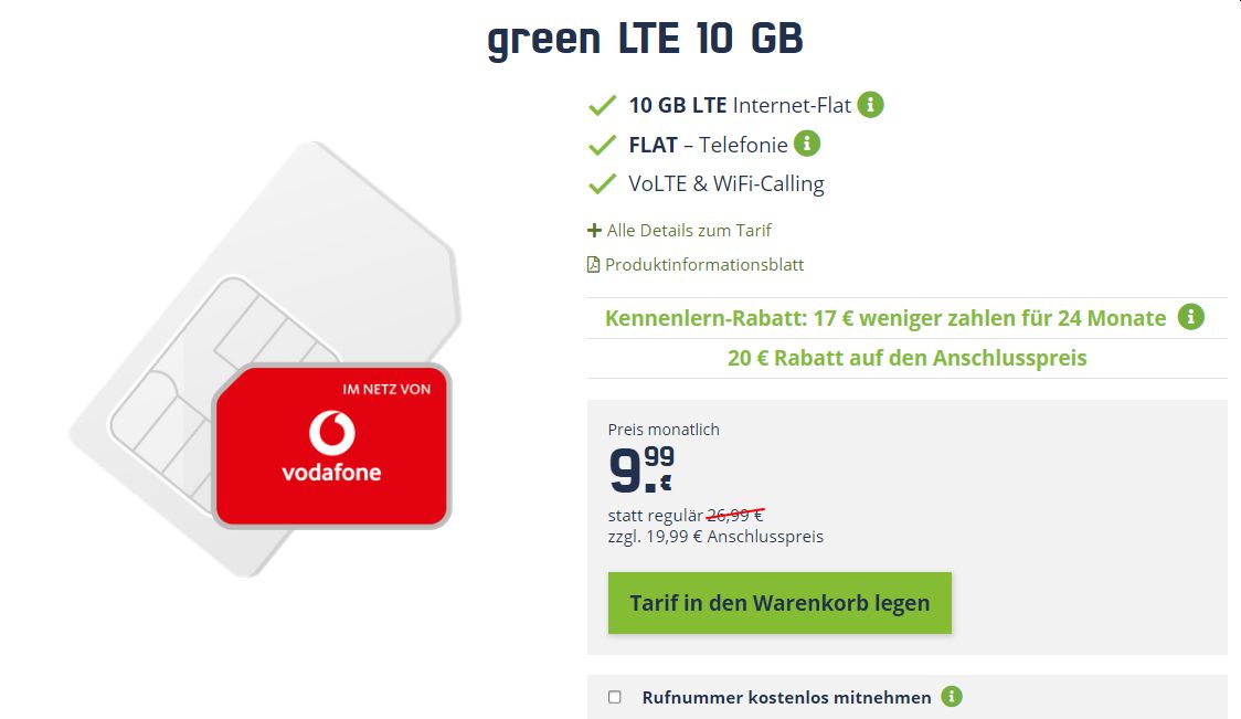 Freenet: Green LTE im Vodafone-Netz ab 9,99 Euro / Monat