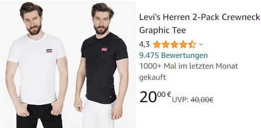 Levis's: T-Shirts im Doppelpack bei Amazon für 20 Euro