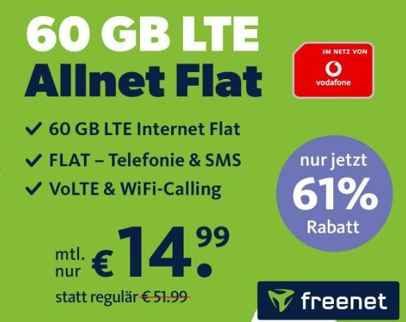 Freenet: Vodafone-Flat mit 60 GByte LTE für 14,99 Euro