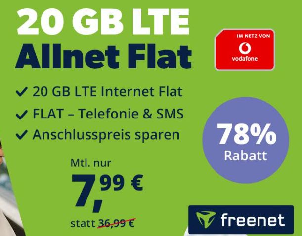 Freenet: 20 GBYte Allnet-Flat im Vodafone-Netz für 7,99 Euro