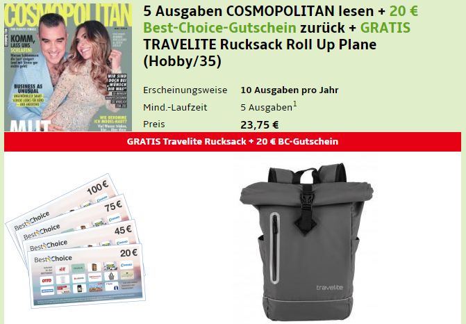 Gratis: Rucksack und Gutschein zum Cosmopolitan-Abo für 23,75 Euro