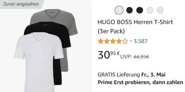 Hugo Boss: 3er-Pack Shirts für 30,95 Euro