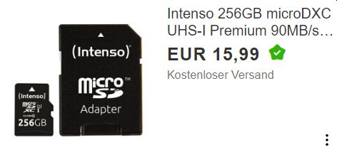 Ebay: "Intenso Micro SDXC Karte" mit 256 GByte für 15,99 Euro