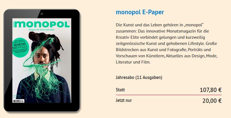 Monopol: Jahresabo als ePaper mit automatischem Ende für 20 statt 107,80 Euro