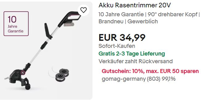 Ebay: Akku-Rasentrimmer mit 10 Jahren Garantie für 34,99 Euro