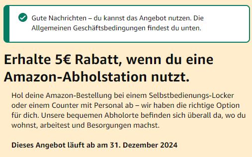 Amazon: 5 Euro Rabatt bei Lieferung an Abholstation