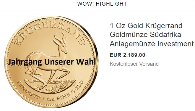 Ebay: Krügerrand Goldmünze für 2189 Euro frei Haus