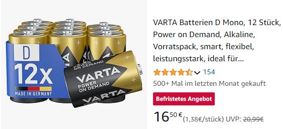 Amazon: Zwölferpack Monobatterien von Varta für 16,50 Euro