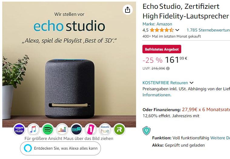 Amazon: "Echo Studio" generalüberholt für 161,99 Euro