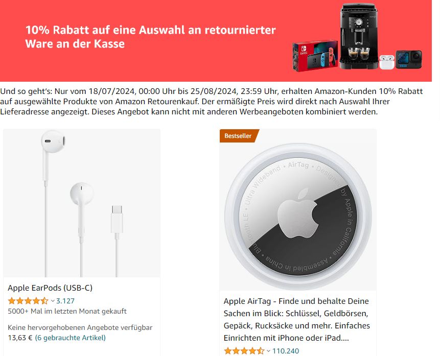 Amazon Retourenkauf: Apple-Produkte 10 Prozent günstiger