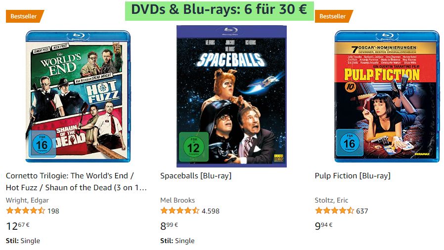 Amazon: 6 Blu-rays nach Wahl für 30 Euro