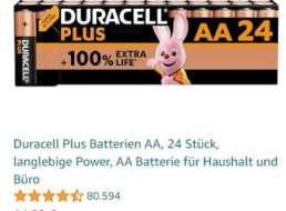 Amazon: 24er-Pack Duracell-Batterien für 14,99 Euro