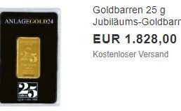 Ebay: Goldbarren mit 25 Gramm für 1828 Euro frei Haus