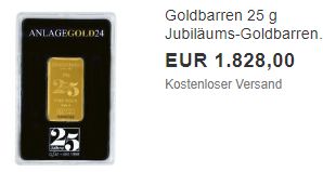 Ebay: Goldbarren mit 25 Gramm für 1828 Euro frei Haus