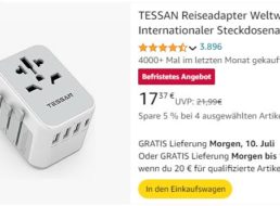 Amazon: Reiseadapter mit vier USB-Anschlüssen für 17,37 Euro