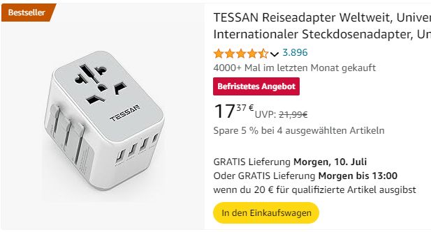 Amazon: Reiseadapter mit vier USB-Anschlüssen für 17,37 Euro