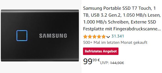 Amazon: "Samsung Portable SSD T7 Touch" für 99,99 Euro frei Haus