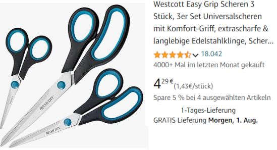 Amazon: Dreierpack Scheren von Westcott für 4,29 Euro