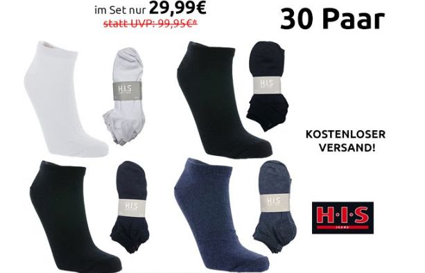 Outlet46: 30 Paar H.I.S-Sneackersocken für 29,99 Euro frei Haus