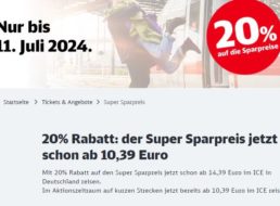 Bahn: 20 Prozent Extra-Rabatt auf Sparpreise bis Donnerstag