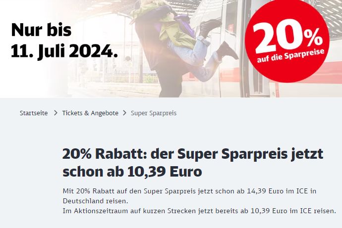 Bahn: 20 Prozent Extra-Rabatt auf Sparpreise bis Donnerstag