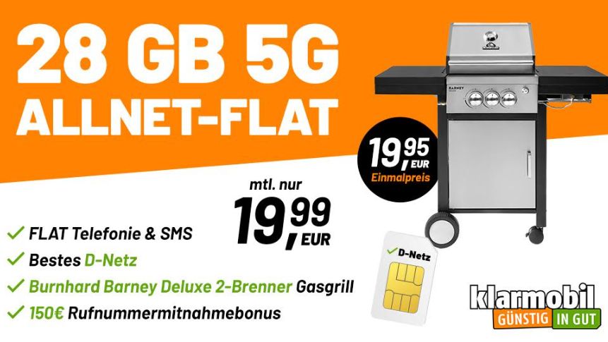 Klarmobil: Gasgrill zum Telekom-Vertrag mit 28 GByte 5G-Volumen