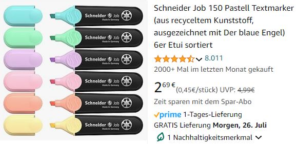 Amazon: Sechserpack Textmarker von Schneider für 2,69 Euro