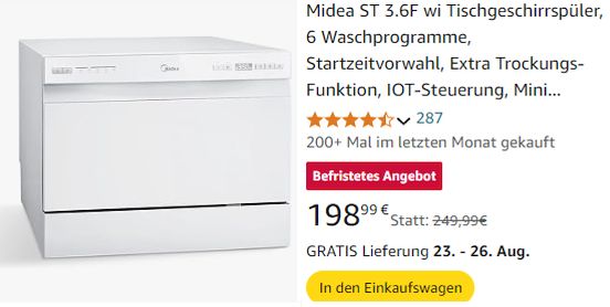 Amazon: Tischgeschirrspüler mit App-Support für 198,99 Euro