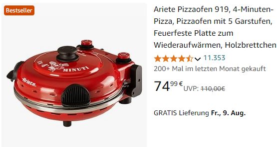 Amazon: Pizzaofen Ariete 919 für 74,99 Euro frei Haus