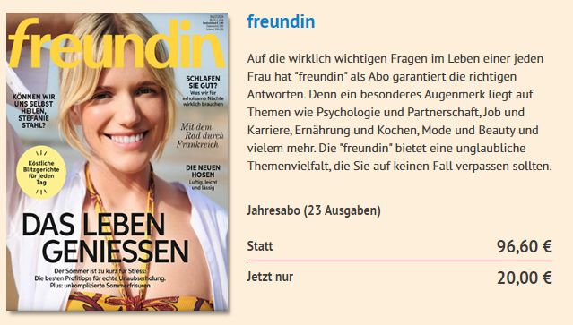 Freundin: Jahresabo mit automatischem Ende für 20 statt 96,60 Euro