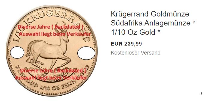 Ebay: Krügerrand 1/10 Unze für 239,99 Euro frei Haus