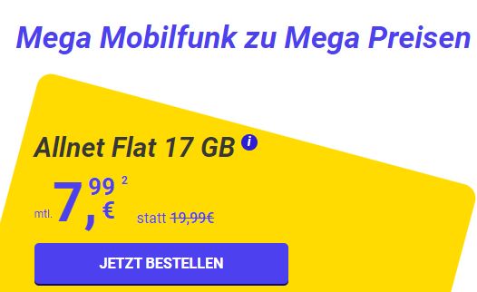 Mega SIM: 17 GByte 5G für 7,99 Euro