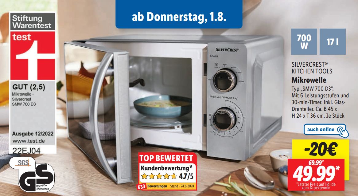 Lidl: Mikrowelle mit gutem Testergebnis für 49,99 Euro