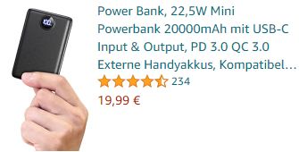 Amazon: Powerbank mit 22,5 Watt Ladung für 19,99 Euro