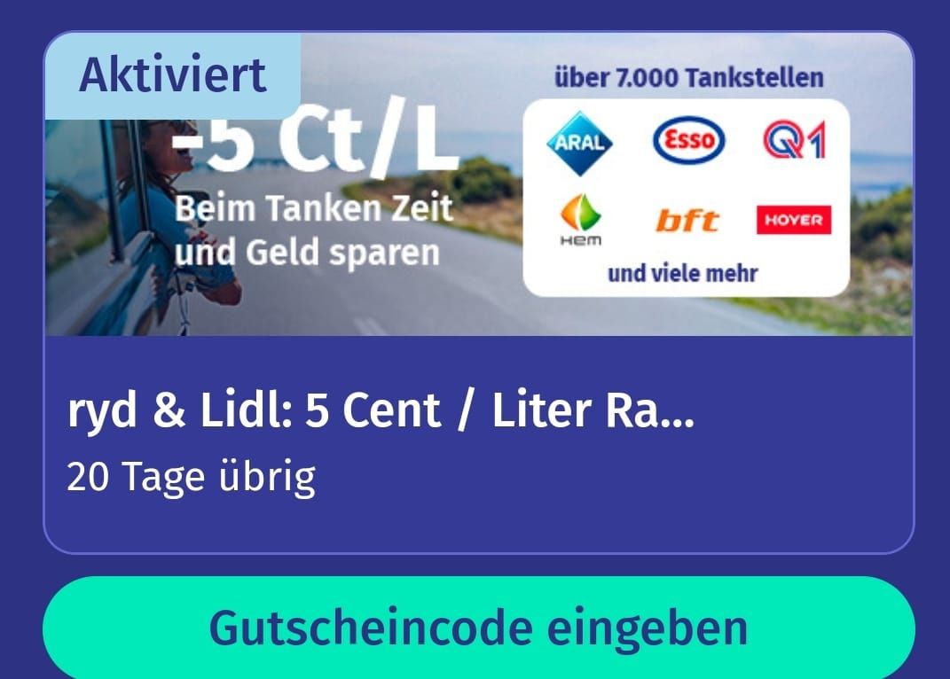 Lidl Plus: 5 Cent / Liter Tankrabatt via RYD