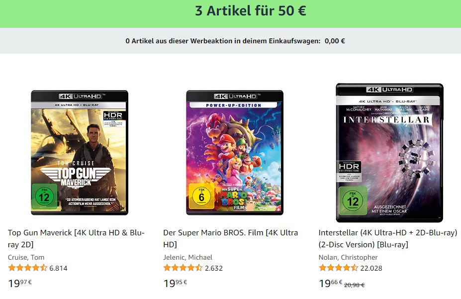 Amazon: 3 UHD-Filme nach Wahl für 50 Euro