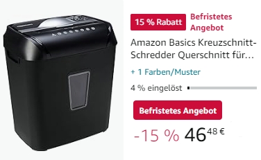 Amazon: Aktenvernichter mit Kreuzschnitt für 46,48 Euro